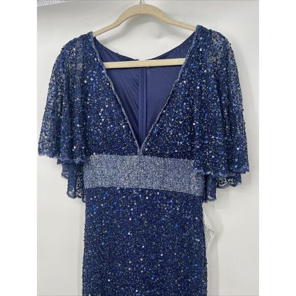 Mac Duggal Size 4 Navy Blue SEQUINED V-NECK CAPE SLEEVE BEADED WAIST GOWN 4808 - Picture 5 of 11